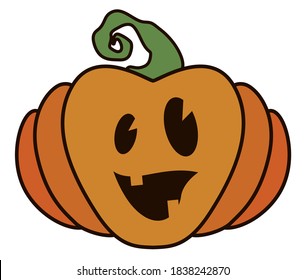 Calabaza suave con sonrisa desdentada, tallo y contornos, aislados sobre fondo blanco.