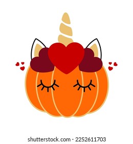 Cute pumpkin unicorn Svg cut file. Fall (autumn) and Thanksgiving unicorn face vector illustration isolated on white background. Perfect for kids shirts, apparel, cards and so on