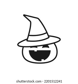 Cute pumpkin wear witch hat line icon on white background.