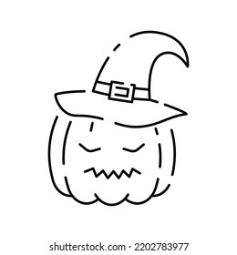 Cute pumpkin wear witch hat line icon on white background. Happy halloween vector icon. Trick or treat and scary sign