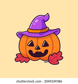 cute pumpkin wearing witch hat.pumpkin with smile for your design for the holiday Halloween. Vector illustration.