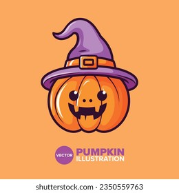 Cute Pumpkin with Witch Hat: Halloween Cartoon Illustration in Flat Vector Style for Perfect Poster, Card, Decoration, and Print