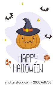 Cute pumpkin in a witch hat. Print for for wall art, apparel, card, textile, fabric, stationery.