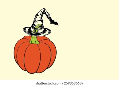 Cute pumpkin in a witch hat. Symbol of the fall season, Halloween, and the legend of Jack-o-lantern. Editable vector, easy to change color or size. Blank copy space greeting card, poster and banner.