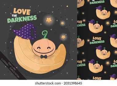 Cute pumpkin with witch at on the moon seamless pattern set: can be used for cards, invitations, baby shower, posters; with white isolated background
