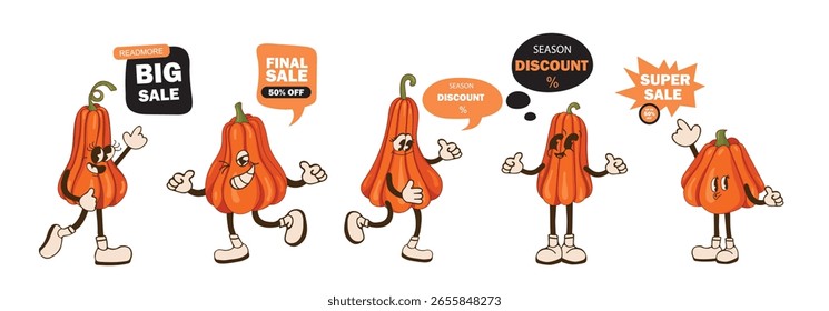 Lindas calabazas para conjunto de campaña publicitaria. Calabazas personajes lindos. Publicidad, descuentos. Descuentos de otoño de temporada. Ilustración vectorial.