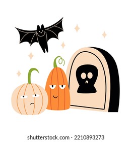 Cute Pumpkins, Bat And Headstone With Skull. Vector Halloween Flat Illustration On Isolated Background. Black Funny Bird.