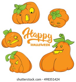 Cute pumpkins character set. Halloween party hand drawn lettering and sketch card. Fun colorful brush ink typography greeting card, illustration for t-shirt print, banner, flyer, poster design