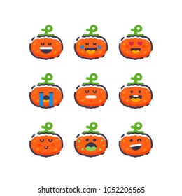 Cute pumpkins. Emoji pumpkin. Smile vegetable. Isolated flat vector illustration set on white background.