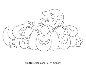 Kürbisse und Geist schneiden. Farbige Buchseite für Kinder. Cartoon Stil Charakter. Vektorgrafik einzeln auf weißem Hintergrund. Halloween-Thema.