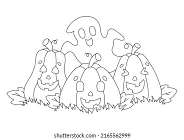 Cute pumpkins and a ghost. Coloring book page for kids. Cartoon style character. Vector illustration isolated on white background. Halloween theme.