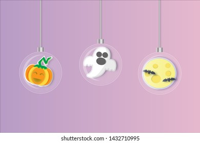 cute pumpkins  and cute ghost , Halloween  background . paper cut and craft  style . 