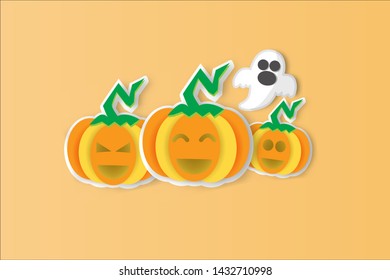 cute pumpkins  and cute ghost , Halloween  background . paper cut and craft  style . 