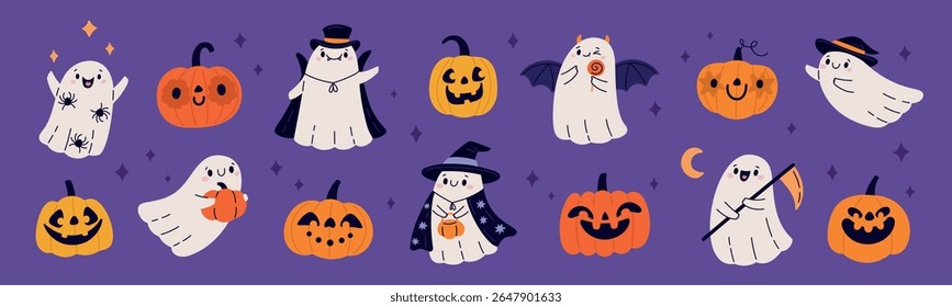 Abóboras bonitas e personagens fantasmas. Engraçado halloween personagens, espíritos sorridentes brancos, festa assustadora, rostos esculpindo, outono assustador mascote lixo vetor desenho animado estilo plano conjunto isolado