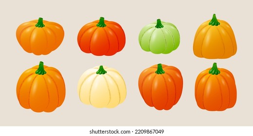 Cute pumpkins for Halloween or Thanksgiving celebration. Seasonal pumpkin harvest. Vector illustration.