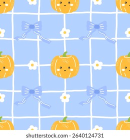 Cute pumpkins with happy expressions in a vector autumn seamless pattern. Great for seasonal wrapping and childrens clothing
