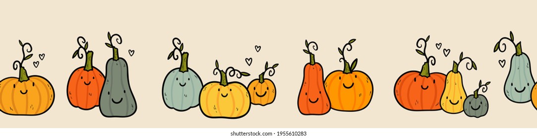 Cute pumpkins having fun, seamless pattern, great for Thanksgiving of Halloween textiles, wrapping, banners, wallpaper, handdrawn - vector design