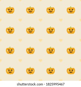 Cute pumpkins with heart elements seamless repeat pattern background for Halloween. Happy pumpkins on a pastel background.