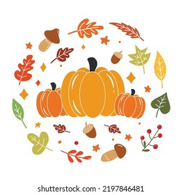 Cute pumpkins illustration with fall elements. Vector Autumn Thanksgiving quote on white background.