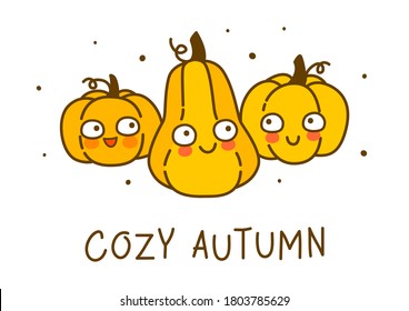 Cute pumpkins isolated on white background - cartoon characters for cozy autumn and Halloween greeting card and poster design