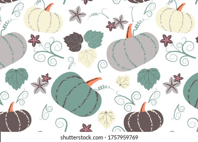 Cute pumpkins and leaves seamless vector pattern for fabric, textile, background, menu, wrapping paper or wallpaper. Vegetable autumn background.