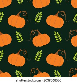 Cute pumpkins and leaves are a seamless vector pattern for fabric, wrapping paper or wallpaper. Vegetable autumn background.Seamless pattern of pumpkins and leaves. Flat style. Vector illustration.