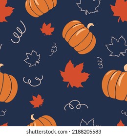 Cute pumpkins and leaves seamless vector pattern for fabric, wrapping paper or wallpaper. Vegetable autumn background.