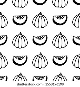 Cute pumpkins monochrome hand drawn pattern background. Ideal for wrapping paper, poster, advert, apparel, cloth. 