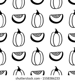 Cute pumpkins monochrome hand drawn pattern background. Ideal for wrapping paper, poster, advert, apparel, cloth. 