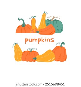 Cute pumpkins in orange, yellow and green colors. Minimalistic design of the cozy autumn concept, banner template, postcard.