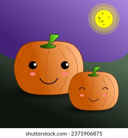 Calabazas. Par de calabazas en el campo. Luna. Felices calabazas. Ilustración. Halloween. Caracteres.