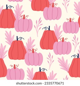 Cute pumpkins and plants. Autumn concept. Vector seamless pattern illustration. 