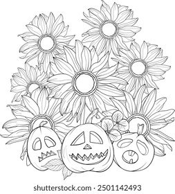 Cute pumpkins with plants and flowers, halloween, colouring book page design. Vector Outline.