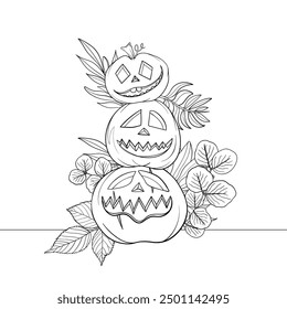 Cute pumpkins with plants and flowers, halloween, colouring book page design. Vector Outline.