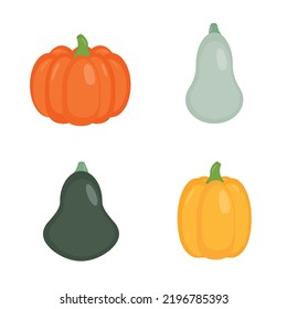 Cute pumpkins set. Halloween or Thanksgiving pumpkin symbol in flat style isolated on white background. 
