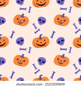 Lindas calabazas, cráneos y huesos. Patrón sin fisuras para Halloween. Fondo de pantalla, textil, papel de embalaje, Elementos para su diseño. Ilustración vectorial plana