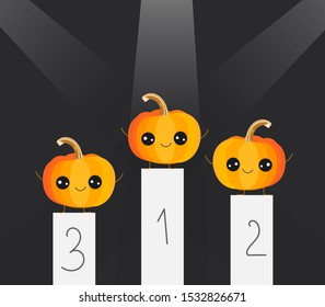 Cute pumpkins standing on pedestals with seats 1, 2, 3 on a dark background with floodlights. Distribution of places at autumn competitions, Halloween competitions. Winners podium.  Creative Vector.