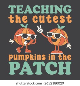  Cute Pumpkins Teaching in the Patch - Fun Fall Graphic. Two cartoon pumpkins wearing sunglasses are making a peace sign and smiling.