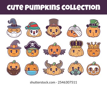 Cute pumpkins vector illustration set