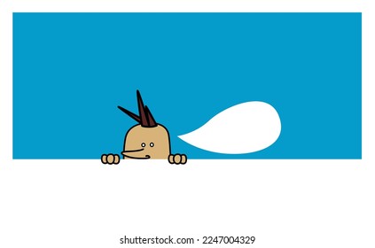 Cute punk boy character peeking from a white wall talking, speaking with an empty dialogue bubble. Colorful cartoon style vector illustration.