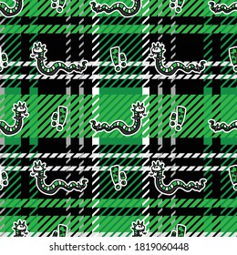 Cute punk cobra snake on plaid background vector pattern. Grungy alternative checkered home decor with cartoon animal. Seamless rocker attitude all over print.