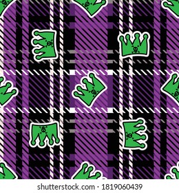 Cute punk crown on plaid background vector pattern. Grungy alternative checkered home decor with cartoon animal. Seamless rocker attitude all over print. 