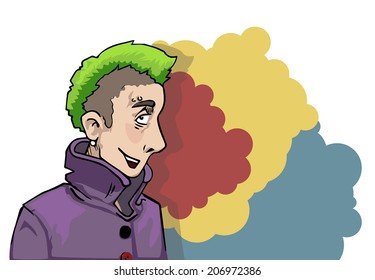 Cute Punk male character with colorful speech bubbles, vector illustration