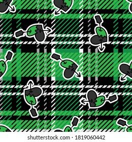 Cute punk pierced heart on plaid background vector pattern. Grungy alternative checkered home decor with cartoon animal. Seamless rocker attitude all over print. 