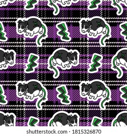 Cute punk rat with lightning on plaid background vector pattern. Grungy alternative checkered home decor with cartoon animal. Seamless rocker attitude all over print. 