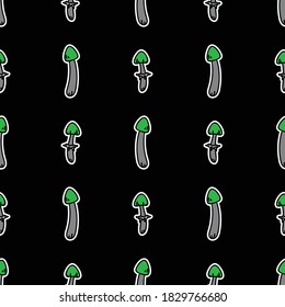 Cute punk rock destroying angel mushroom on black background vector pattern. Grungy alternative home decor with cartoon poisonous forest fungi. Seamless rocker attitude mycology all over print.