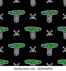 Cute punk rock fly agaric mushroom with skull on black background vector pattern. Grungy alternative home decor with cartoon poisonous forest fungi. Seamless rocker attitude all over mycology print. 