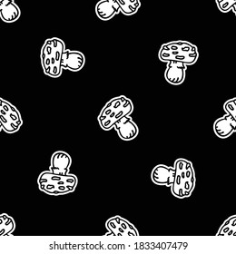 Cute punk rock fly agaric mushroom monochrome lineart vector pattern. Grungy alternative home decor with cartoon poisonous forest fungi. Seamless rocker attitude mycology all over print.
