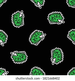 Cute punk rock hedgehog on black background vector pattern. Grungy alternative checkered home decor with cartoon animal. Seamless rocker attitude all over print. 