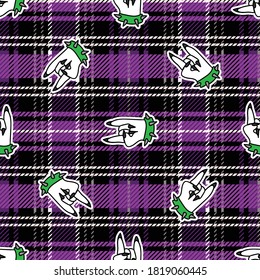 Cute punk rock on hand on plaid background vector pattern. Grungy alternative checkered home decor with cartoon animal. Seamless rocker attitude all over print. 